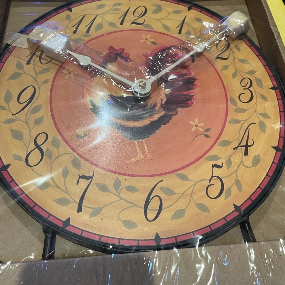 French Country Rooster Wall Clock Rich Gold/orange/ Black/metal stand NEW in Box
